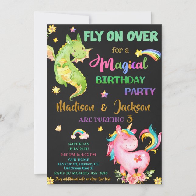 Dragon and unicorn birthday invitation boy & girl (Front)