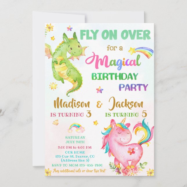 Dragon and unicorn birthday invitation boy & girl (Front)
