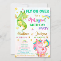 Dragon and unicorn birthday invitation boy & girl