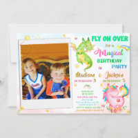 Dragon and unicorn birthday invitation boy & girl