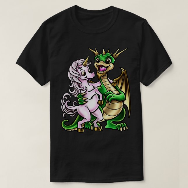 Dragon And Unicorn Friendship hug creature T-Shirt (Design Front)