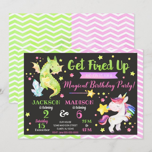 Dragon and Unicorn Joint Birthday Invitation (Front/Back)