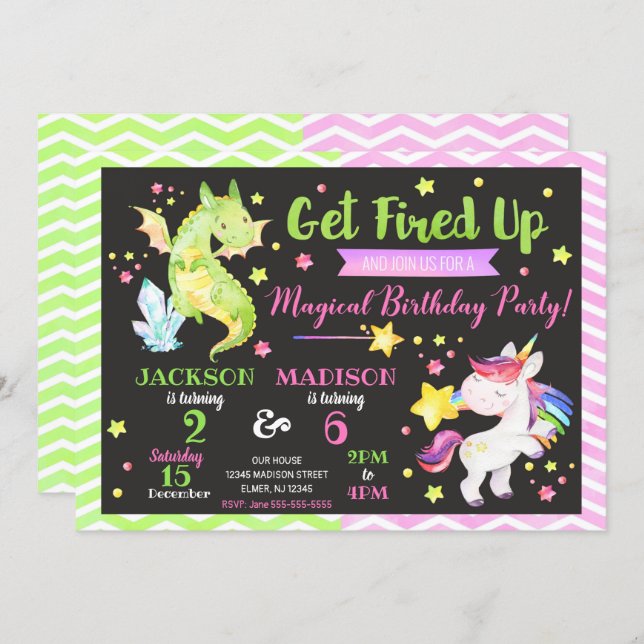 Dragon and Unicorn Joint Birthday Invitation (Front/Back)