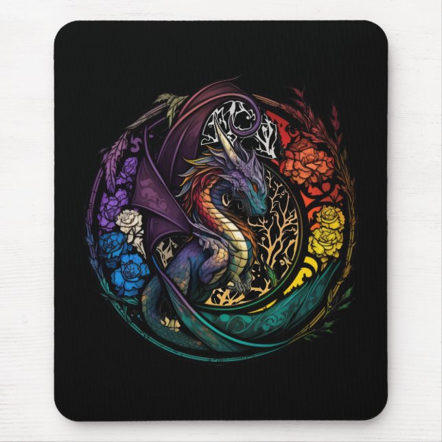 Dragon Animal Portrait Stained Glass Wildlife Free Mouse Pad (Front)