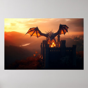 Dragon attacking a castle poster