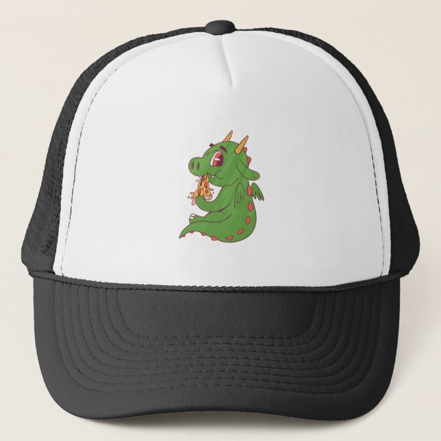 Dragon Baby Eating Delicious Pizza Slice Design Trucker Hat (Front)