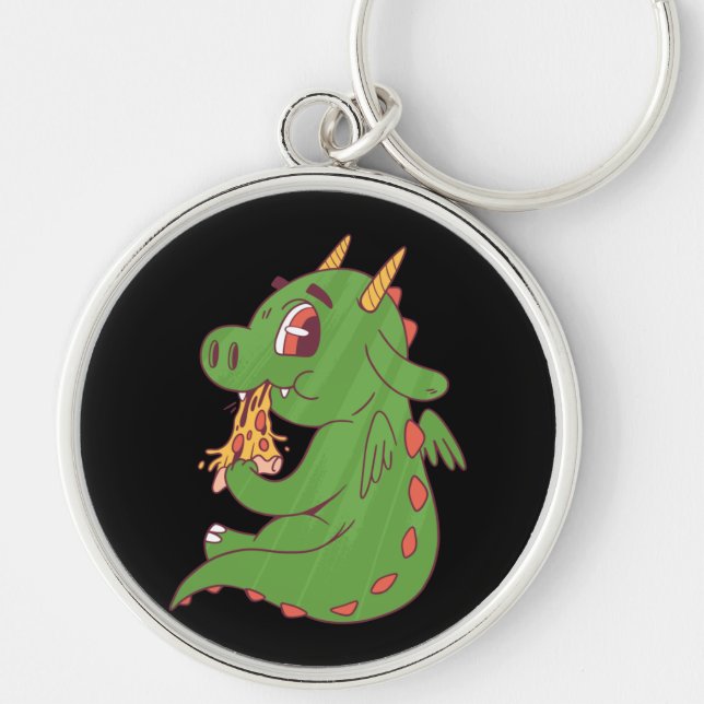 Dragon Baby Eating Yummy Pizza Slice Design Keychain (Front)