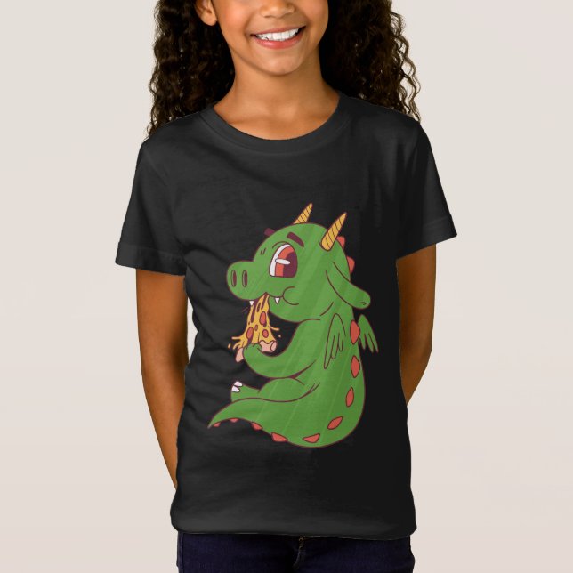 Dragon Baby Eating Yummy Pizza Slice Design T-Shirt (Front)