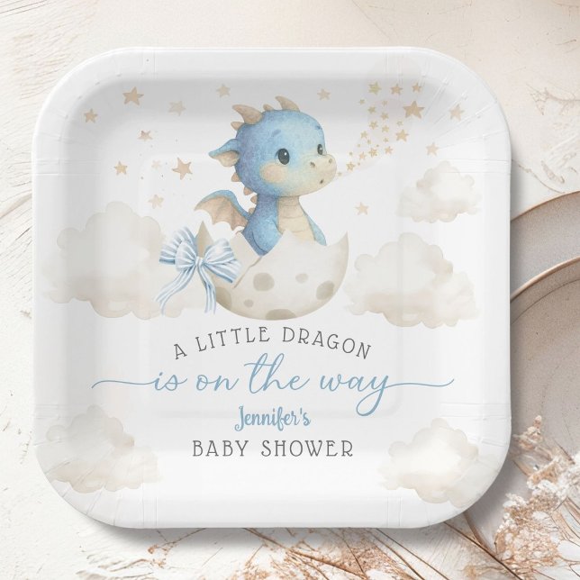 Dragon Baby Shower Boy Blue Cute Dragon Paper Plates (Creator Uploaded)