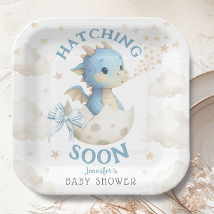 Dragon Baby Shower Boy Blue Hatching Soon Paper Plates