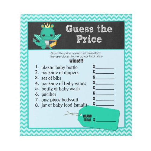 Dragon Baby Shower Guess the Price Right Game 40pg Notepad