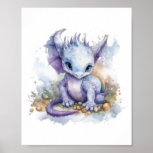 Dragon Baby Watercolor Flower Poster