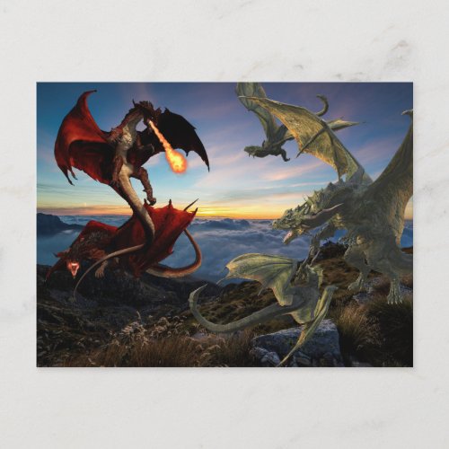 Dragon Battle Red Vs Green Fight Fantasy Postcard