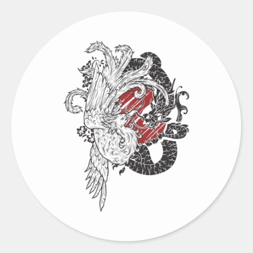Dragon  Bird Phoenix Ying Yang Chinese Classic Round Sticker