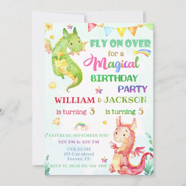 Dragon birthday invitation Joint birthday invite (Front)