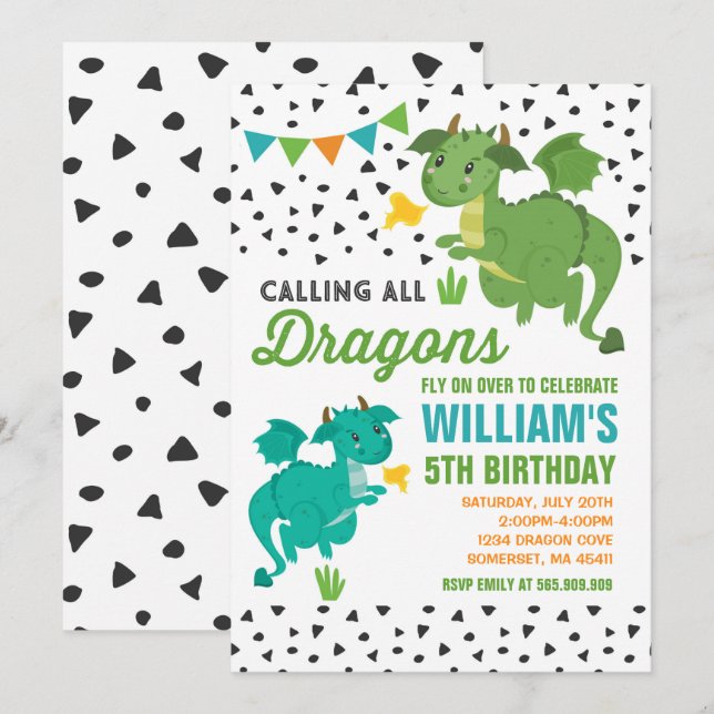 Dragon Birthday Invitation Knights & Dragons Party (Front/Back)