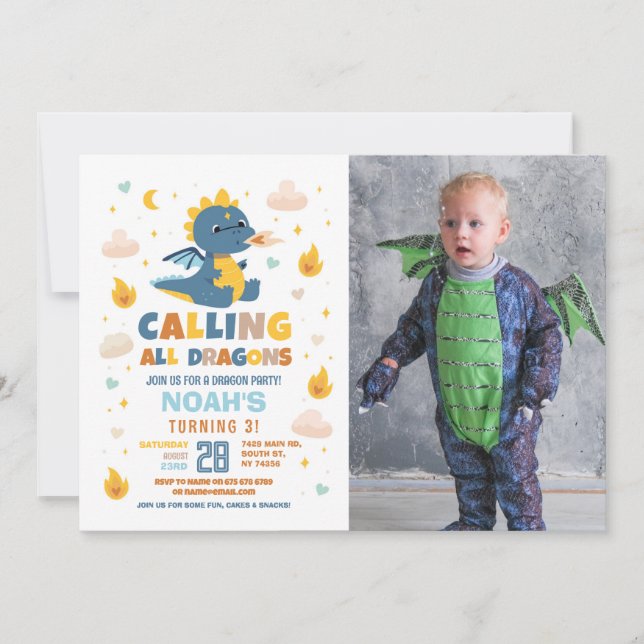 Dragon Birthday Party Blue Fire Dragons Boys Photo Invitation (Front)