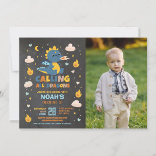 Dragon Birthday Party Blue Photo Dragons Boy Chalk Invitation