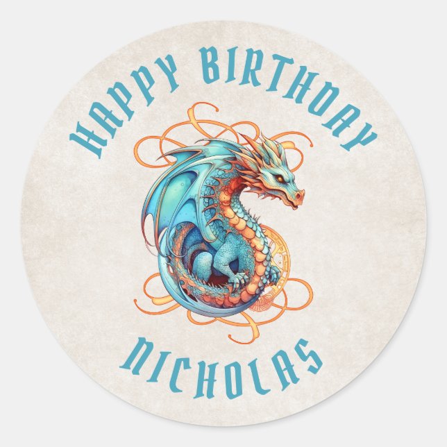 Dragon Birthday Party Classic Round Sticker (Front)