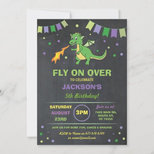Dragon Birthday Party Invite Boys Girls Fire Green