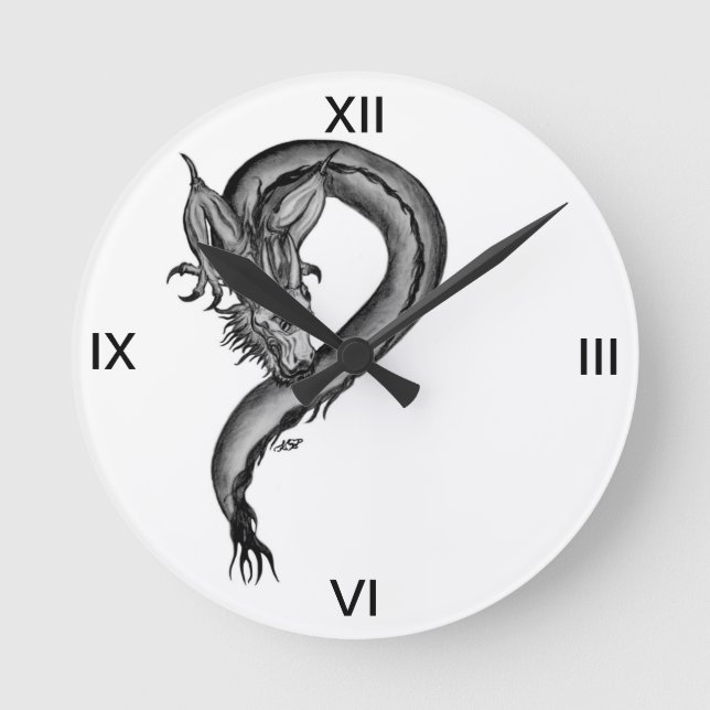 Dragon black and white Design Round Clock (Front)