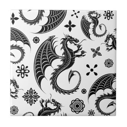 Dragon Black Shape Tattoo Style Ceramic Tile