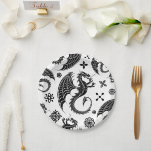 Dragon Black Shape Tattoo Style Paper Plates