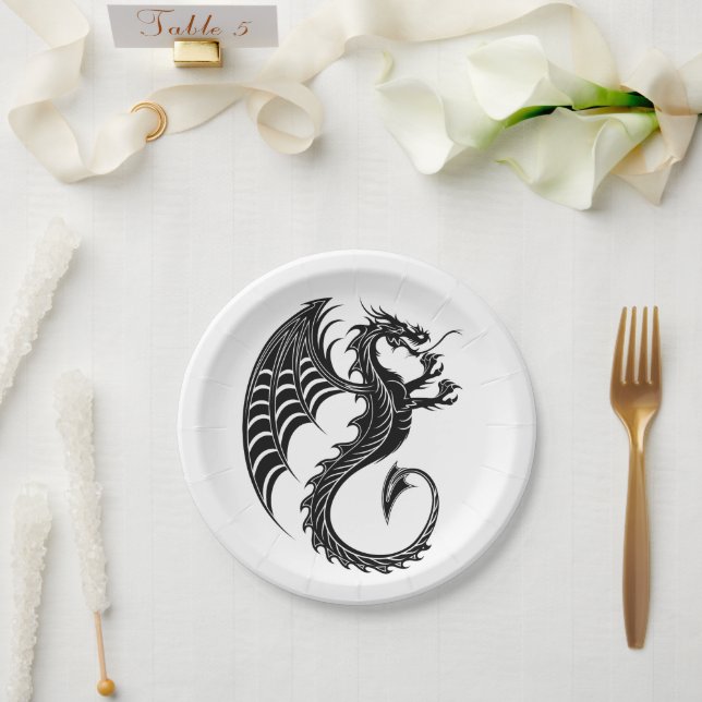 Dragon Black Shape Tattoo Style Paper Plates (Wedding)