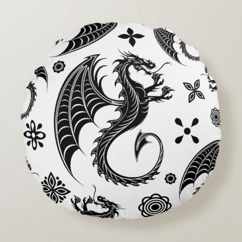 Dragon Black Shape Tattoo Style Round Pillow