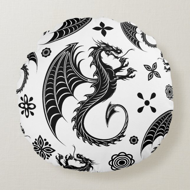 Dragon Black Shape Tattoo Style Round Pillow (Front)