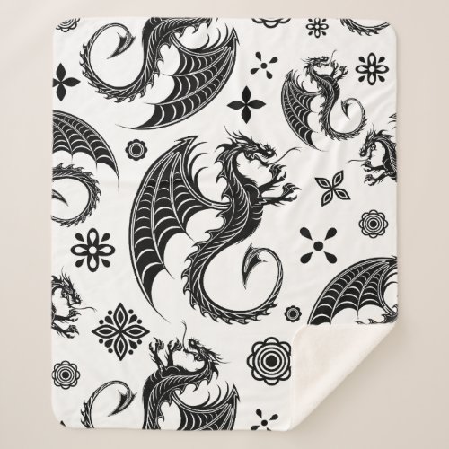 Dragon Black Shape Tattoo Style Sherpa Blanket