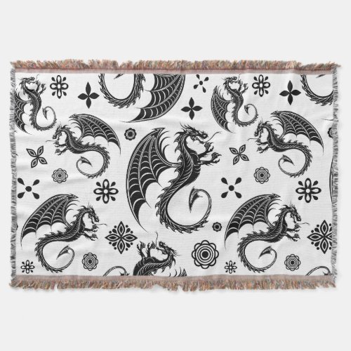 Dragon Black Shape Tattoo Style Throw Blanket