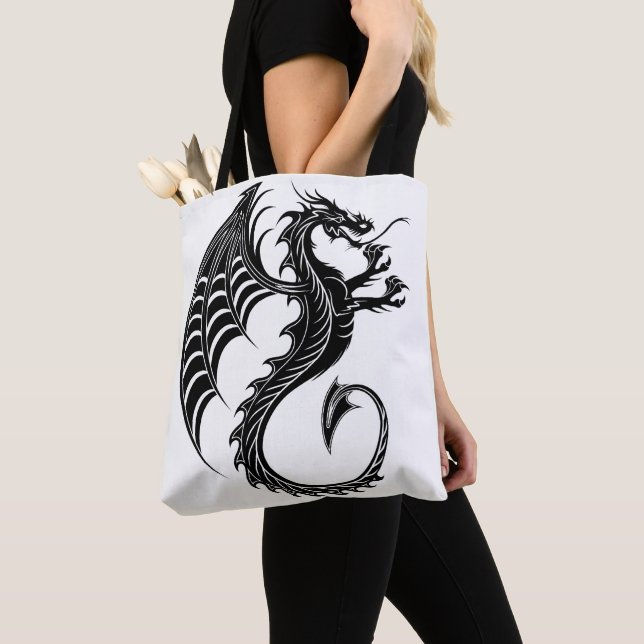 Dragon Black Shape Tattoo Style Tote Bag (Close Up)