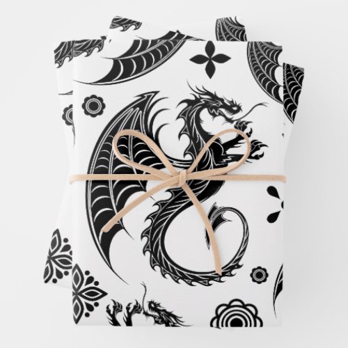 Dragon Black Shape Tattoo Style Wrapping Paper Sheets