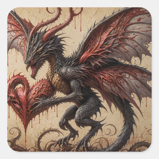 Dragon Bleeding Heart Dark Fantasy Square Sticker (Front)