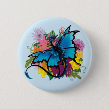 Dragon Blue Butterfly Flowers Button by tigressdragon at Zazzle