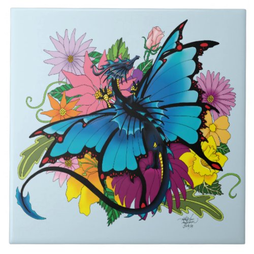 Dragon Blue Butterfly Flowers Ceramic Tile