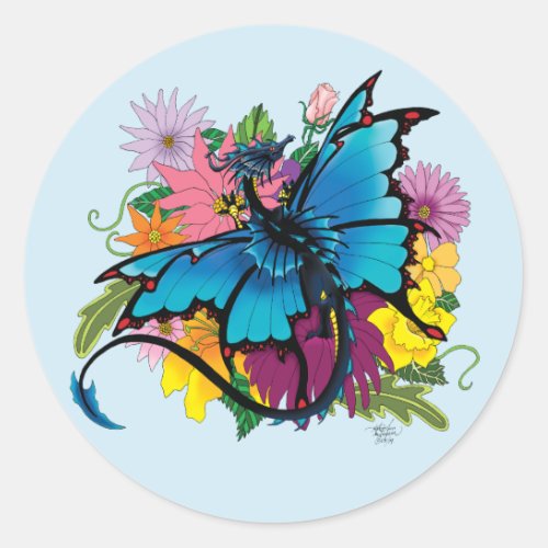 Dragon Blue Butterfly Flowers Classic Round Sticker