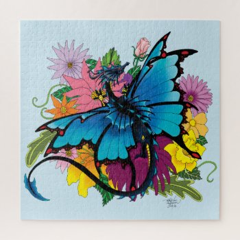 Dragon Blue Butterfly Flowers Jigsaw Puzzle by tigressdragon at Zazzle