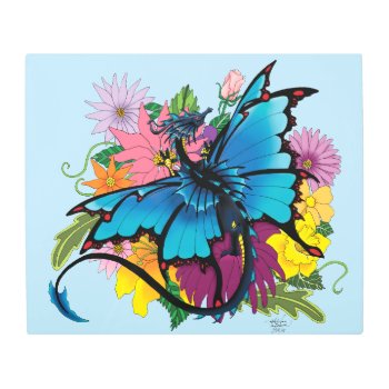 Dragon Blue Butterfly Flowers Metal Print by tigressdragon at Zazzle