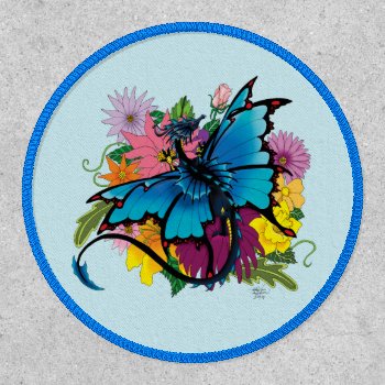Dragon Blue Butterfly Flowers Patch by tigressdragon at Zazzle