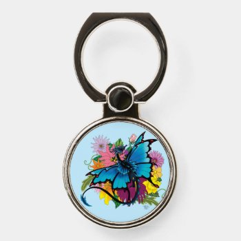 Dragon Blue Butterfly Flowers Phone Ring Stand by tigressdragon at Zazzle