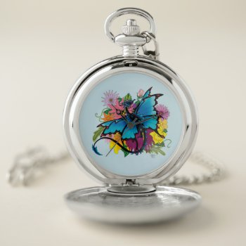Dragon Blue Butterfly Flowers Pocket Watch by tigressdragon at Zazzle