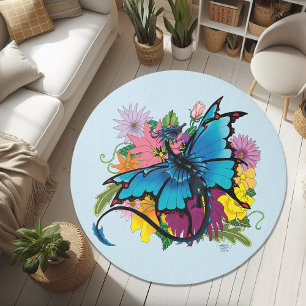 Dragon Blue Butterfly Flowers Rug