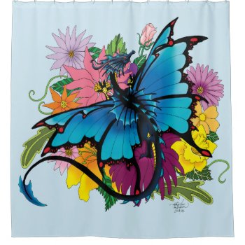 Dragon Blue Butterfly Flowers Shower Curtain by tigressdragon at Zazzle