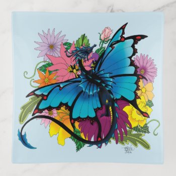 Dragon Blue Butterfly Flowers Trinket Tray by tigressdragon at Zazzle