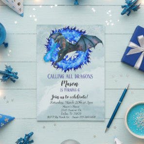 Dragon Blue Fire Serpent Birthday Party Child's Invitation