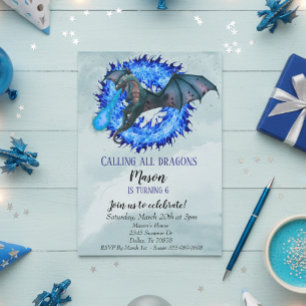 Dragon Blue Fire Serpent Birthday Party Child's Invitation