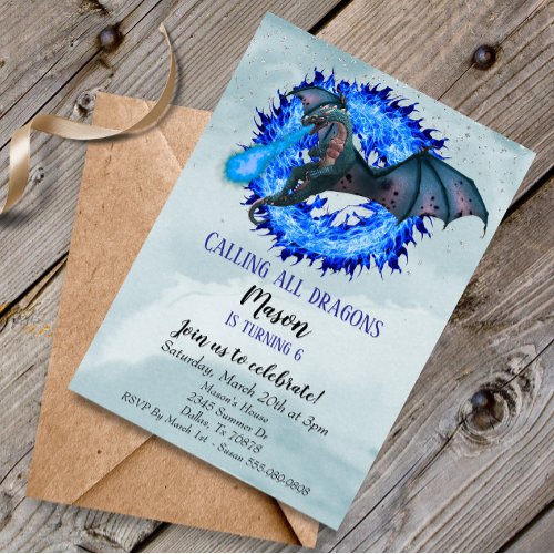 Dragon Blue Fire Serpent Birthday Party Childs Invitation