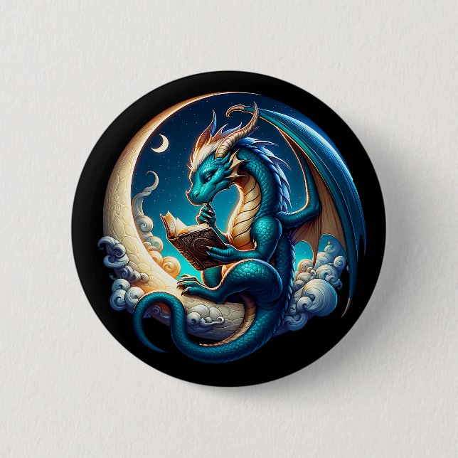 Dragon Bookworm, Moonlight Reading Tee Button (Front)